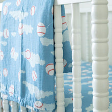 Load image into Gallery viewer, Organic Bamboo Cotton Muslin Crib Sheet in Baseballs in the Sky
