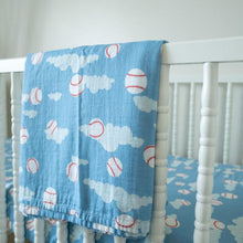Load image into Gallery viewer, Organic Bamboo Cotton Muslin Crib Sheet in Baseballs in the Sky
