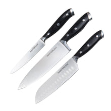 Load image into Gallery viewer, MASTERPAN Essential Chef’s Knife Bundle - 8" Chef’s Knife, 8" Slicer Knife &amp; 7" Santoku Knife - Stainless Steel Blades with Protective Covers
