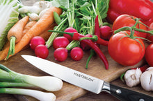 Load image into Gallery viewer, MASTERPAN Essential Chef’s Knife Bundle - 8" Chef’s Knife, 8" Slicer Knife &amp; 7" Santoku Knife - Stainless Steel Blades with Protective Covers
