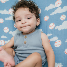 Load image into Gallery viewer, Organic Bamboo Cotton Muslin Crib Sheet in Baseballs in the Sky

