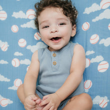 Load image into Gallery viewer, Organic Bamboo Cotton Muslin Crib Sheet in Baseballs in the Sky
