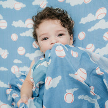 Load image into Gallery viewer, Organic Bamboo Cotton Muslin Crib Sheet in Baseballs in the Sky
