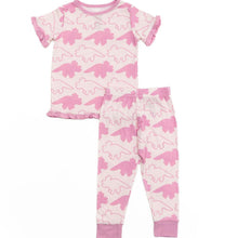 Load image into Gallery viewer, Pink Short Sleeve Ruffle Triceratops Sleep Set
