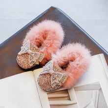Load image into Gallery viewer, Fashion Winter Crystal Bling Baby Girls Flat Shoes Fur Warm Kids Party Bow Toddler Children Princess Shoes

