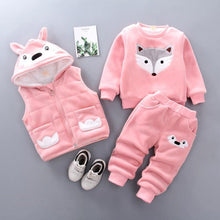 Load image into Gallery viewer, Baby Clothes Winter Thick And Warm Three-piece Cartoon Bear And Fox Printed Sweater Hooded Baby Girl Clothing Set Sweater and Pants
