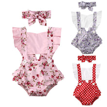 Load image into Gallery viewer, Luxury Modern Newborn Baby Girl Clothes Polka Dot Print Flower Fly Sleeve Romper Jumpsuit Headband 2Pcs Outfits For Girls
