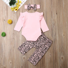 Load image into Gallery viewer, Newborn Baby Girl Clothes Fly Sleeve Knitting Cotton Romper Tops Leopard Print Long Pants Headband 3Pcs Outfits Clothes
