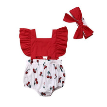Load image into Gallery viewer, Newborn Baby Girl Clothes Ruffle Backless Cherry Romper  Headband Outfit Baby Girl Summer Clothes In Modern New Style
