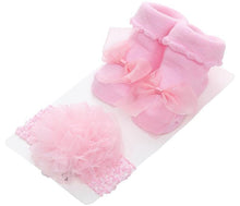 Load image into Gallery viewer, Baby Newborn Solid Color Lace Baby Bowknot Socks &amp; Princess Cute Baby Socks Hair Band Set FOr Girls Baby In Modern Design
