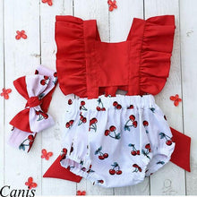Load image into Gallery viewer, Newborn Baby Girl Clothes Ruffle Backless Cherry Romper  Headband Outfit Baby Girl Summer Clothes In Modern New Style
