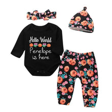 Load image into Gallery viewer, Halloween Clothing Newborn Infant Pumpkin Romper Floral Trousers Hat Headband 4pcs Set For Girls
