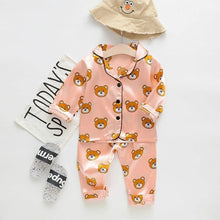 Load image into Gallery viewer, Luxury Modern Children's Pajamas Set Baby Suit Toddler Boys and Girls Ice Silk Satin Cartoon Printing Tops Pants Set Home Wear pajams for Kids
