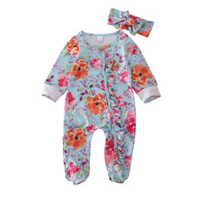 Load image into Gallery viewer, Baby Girls Footies Floral Print Ruffles Single Breasted Playsuit Headband Clothes Outfits For Girls with Bow Floral Printed
