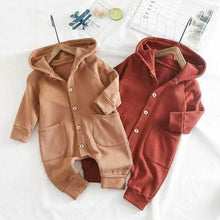Load image into Gallery viewer, Newborn Clothing Solid Long Sleeve Hooded Button Pockets Romper Winter Warm Jumpsuit for Girls and Boys
