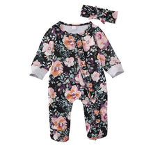 Load image into Gallery viewer, Baby Girls Footies Floral Print Ruffles Single Breasted Playsuit Headband Clothes Outfits For Girls with Bow Floral Printed
