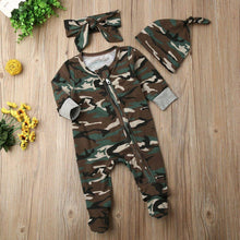 Load image into Gallery viewer, Newborn Baby Girls Boys Camouflage Military Deisgn Romper Infant Cute Zipper Casual Jumpsuit Hairband Hat Set Clothes For Girls And Boys
