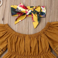 Load image into Gallery viewer, Elegant Luxury Floral Newborn Baby Girl Toddler Outfits Off shoulder Solid Tops Floral Short Pant Headband Bow Set For Baby Girls
