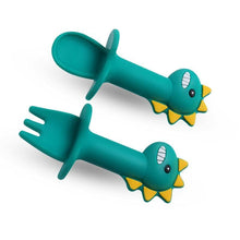 Load image into Gallery viewer, Big Modern New Set Spoon and Fork For Baby Utensils Set Auxiliary Food Silicone Gel Spoon Baby Learn To Eat Training Bendable Soft Spoon Children Tableware With Dinosaur Design
