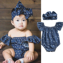 Load image into Gallery viewer, Modern Infant Baby Girls Bodysuits Headband 2PCS Hearts Love Short Sleeve Off Shoulder Jumpsuits Summer Causal Set WIth Big Bow
