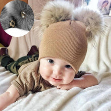 Load image into Gallery viewer, New Trend Baby Winter Hat Knitted Warm Double Fur Pompom Caps Beanies For Girls In Modern Design
