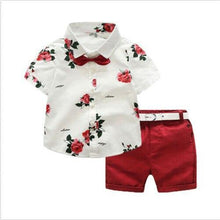 Load image into Gallery viewer, Floral Boy Gentleman Outfits Suit Short Sleeve Toddler Bow Tie Shirt Tops +Red Shorts Summer Set For Boy Kids Form 1-5 Years
