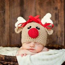 Load image into Gallery viewer, Luxury Handmade Christmas Newborn Infant Baby Boys and  Girls Hats Cartoon Crochet Knitted Bowknot Deer Baby Cap For Winter
