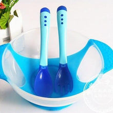 Load image into Gallery viewer, 3Pcs Set Baby Dishes With Suction Cup Assist Food Bowl Temperature Sensing Spoon Baby Tableware Baby Utensils Spoon+Fork
