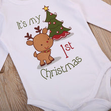 Load image into Gallery viewer, Modern Christmas Newborn Infant Baby Boys and Girls Cartoon Deer Christmas Tree Print Long Sleeves Romper
