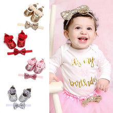 Load image into Gallery viewer, Cute Sparkly Baby Bowknot Non-Slip Sole Baby Girls Shoes Newborn Princess First Walkers Hairband Baby Party Shoes
