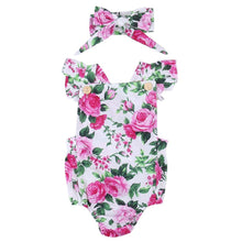 Load image into Gallery viewer, Baby Girls Summer Romper and Headband Jumpsuit Floral Sun suit Outfits 2 pieces With Bow In Modern Floral Design
