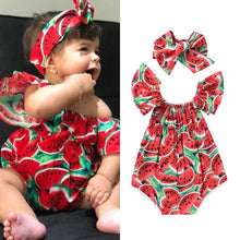 Load image into Gallery viewer, 2PCS Newborn Baby Girl Watermelon Summer  Cute Bodysuit Jumpsuit Outfit WIth Bow For Girls
