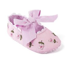 Load image into Gallery viewer, Baby Girl Newborn Shoes Floral Embroidery Striped Bowknot First Walker Soft Soles Anti-Slip Princess Shoes
