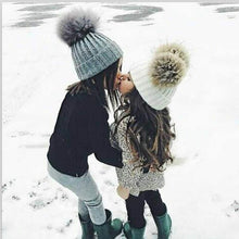 Load image into Gallery viewer, Fashion Parent-child Caps Cute Infant Baby Pom Pom Cap Winter Double Fur Ball Hat Baby Mom Warm Knitted Hat

