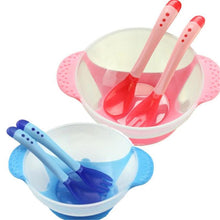 Load image into Gallery viewer, 3Pcs Set Baby Dishes With Suction Cup Assist Food Bowl Temperature Sensing Spoon Baby Tableware Baby Utensils Spoon+Fork

