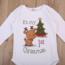 Load image into Gallery viewer, Modern Christmas Newborn Infant Baby Boys and Girls Cartoon Deer Christmas Tree Print Long Sleeves Romper
