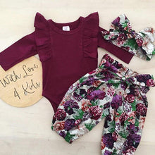 Load image into Gallery viewer, 3Pcs Baby Girls Flying sleeves Bodysuit and Floral Lace-up Pants ,Headwear Set WIth Jumpsuit and Bow In Elegant Luxury Modern Print Deign For Baby Girls and Girls Kids
