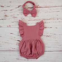 Load image into Gallery viewer, Cotton Baby Girl Double Ruffle Romper Jumpsuit with Headband  Playsuit For Newborn With Bow
