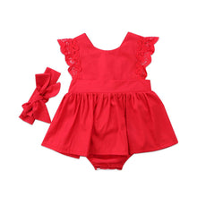 Load image into Gallery viewer, Modern Baby Girl Ruffle Red Lace Romper Party Cotton Dresses with a headband for Newborn And Girls 0-24Months
