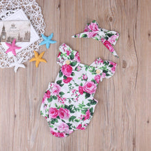 Load image into Gallery viewer, Baby Girls Summer Romper and Headband Jumpsuit Floral Sun suit Outfits 2 pieces With Bow In Modern Floral Design
