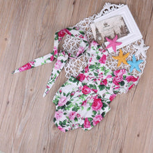 Load image into Gallery viewer, Baby Girls Summer Romper and Headband Jumpsuit Floral Sun suit Outfits 2 pieces With Bow In Modern Floral Design
