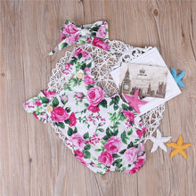 Load image into Gallery viewer, Baby Girls Summer Romper and Headband Jumpsuit Floral Sun suit Outfits 2 pieces With Bow In Modern Floral Design
