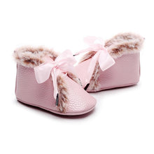 Load image into Gallery viewer, Baby PU Boots Winter Anti-slip Warm First Walkers Soft Soled Booties Toddler Bowknot Lace-up Shoes
