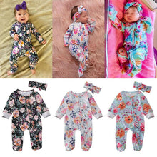 Load image into Gallery viewer, Baby Girls Footies Floral Print Ruffles Single Breasted Playsuit Headband Clothes Outfits For Girls with Bow Floral Printed
