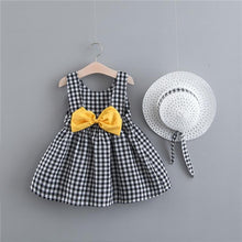 Load image into Gallery viewer, Print Plaid Bow Summer Princess Party Dress Infant Newborn Baby Dress+Hat 2pcs Kids Clothing Set
