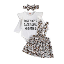 Load image into Gallery viewer, Baby Girl Dress Set Round Neck Long Sleeve Letter Printed Romper Leopard Bow Short Suspender Skirt Headband
