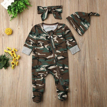 Load image into Gallery viewer, Newborn Baby Girls Boys Camouflage Military Deisgn Romper Infant Cute Zipper Casual Jumpsuit Hairband Hat Set Clothes For Girls And Boys
