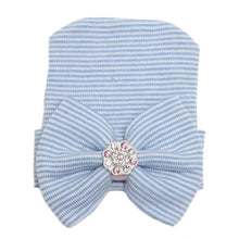 Load image into Gallery viewer, Modern Luxury Baby Girl Cotton Knit Striped Baby Caps With Big Bow For Baby Girls In Elegant Style
