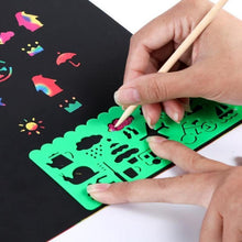 Load image into Gallery viewer, Magic Rainbow Color Scratch Art Paper Card Set With Graffiti Stencil Drawing Board Stick Art Painting Educational Toys
