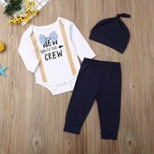 Load image into Gallery viewer, Modern Formal Baby Boys Gentlemen Sets Bow Tie Romper +Long Pants+ Hat Autumn Outfits For Boys Kids

